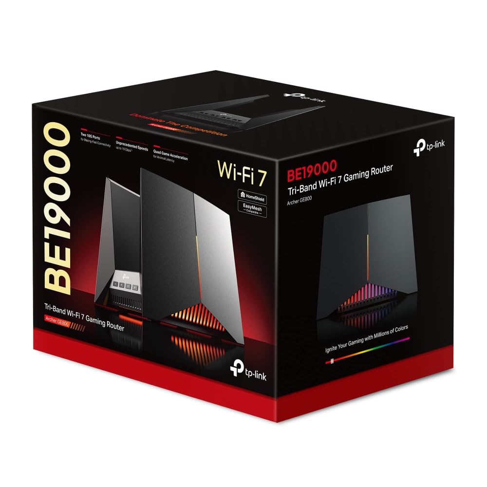 TP-Link Tri-Band BE19000 Wi-Fi 7 Gaming Router Archer GE800 | 12-Stream 19 Gbps | 2×10G + 4×2.5G Ports, USB 3.0 | Turbo Acceleration, Dedicated Gaming Port & Panel, RGB Lighting | EasyMesh, HomeShield